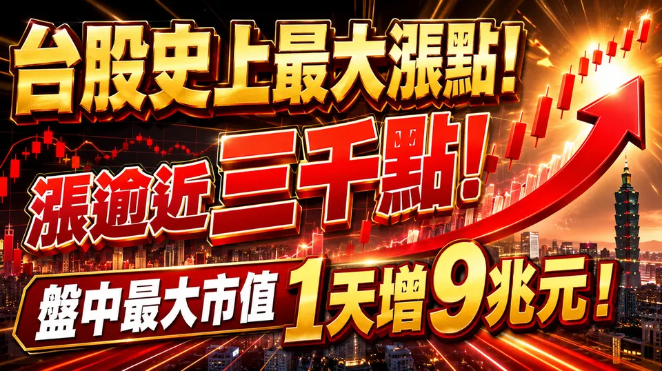 台股史上最大漲點!漲逾近三千點！盤中最大市值1天增9兆元 !